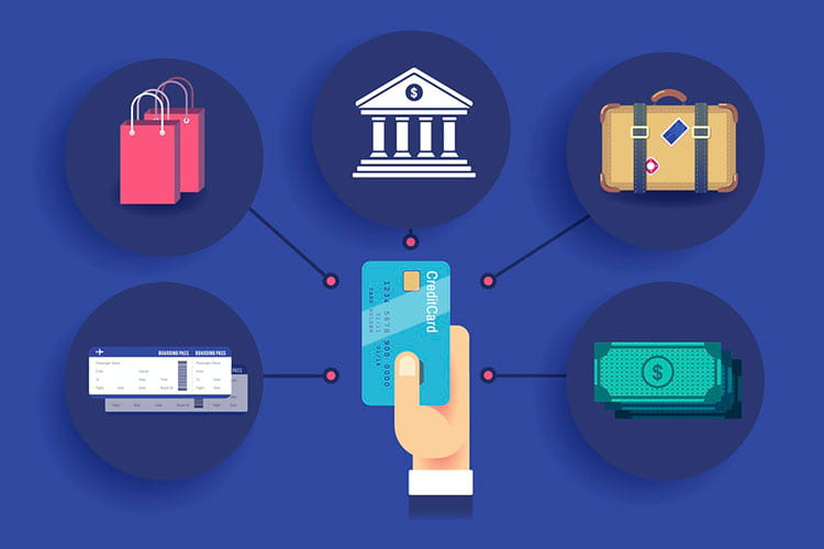 Image shows illustration of a credit card in hand, connected by lines to tickets, shopping bags, a bank, luggage and cash.